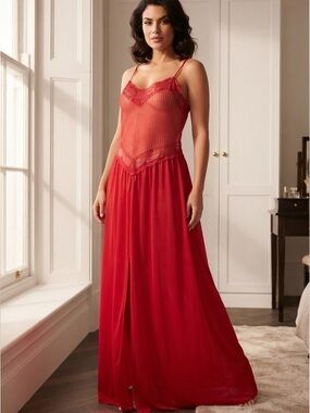 VTG 1980s Stardust Red Satin Nightgown Maxi Slip Dress Lace Trim Sheer Bodice M